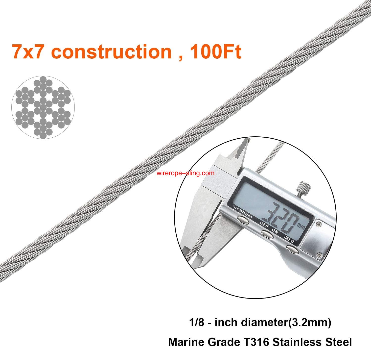 T316 Marineklasse 3mm Stainless Steel Aircraft Wire Rope Cable for Railing, Decking, DIY Balustrade, 100 Feet