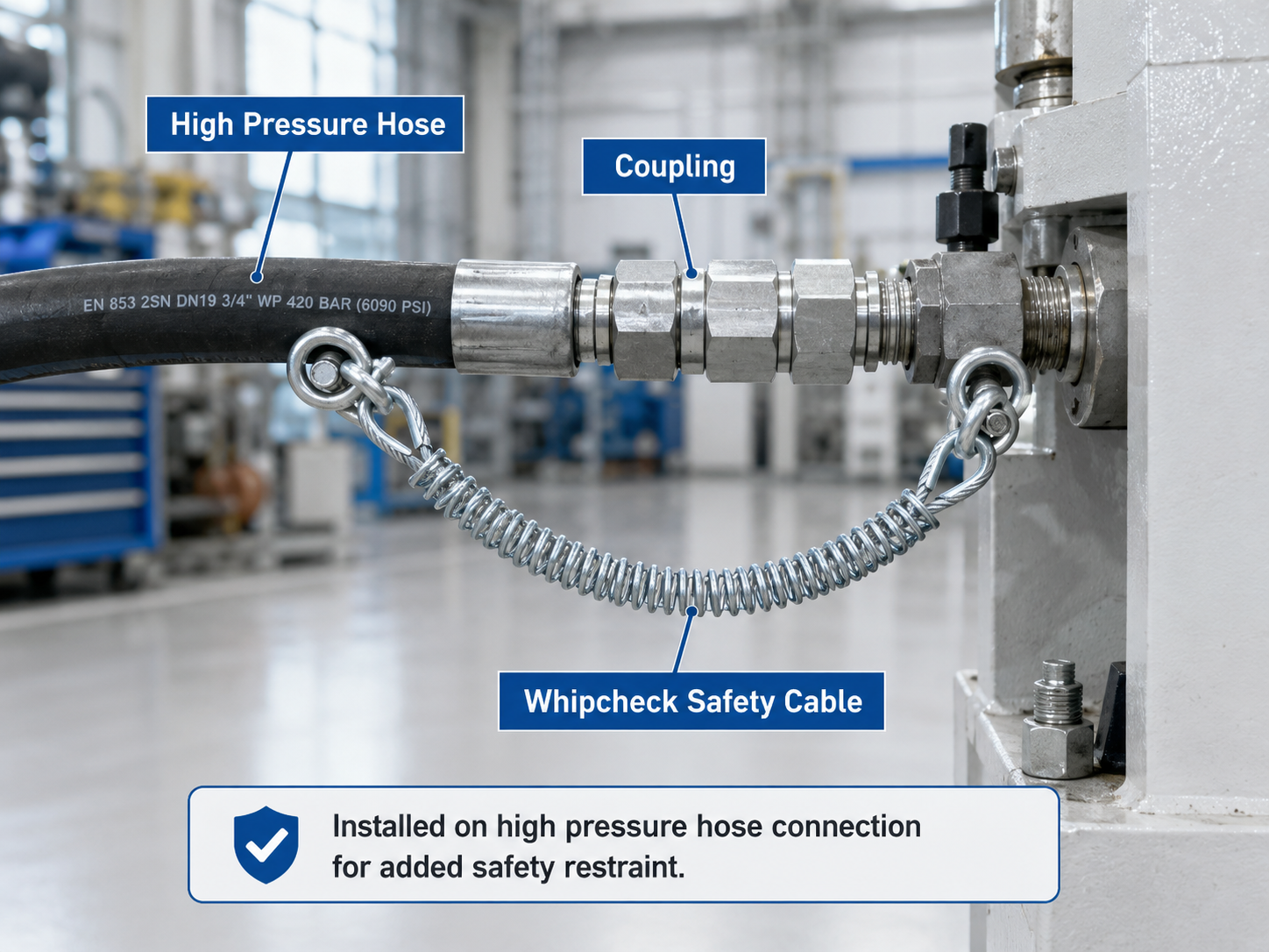 Industrial whipcheck safety cable installed on a high pressure hose connection Industrial whipcheck safety cable installed on a high pressure hose connection