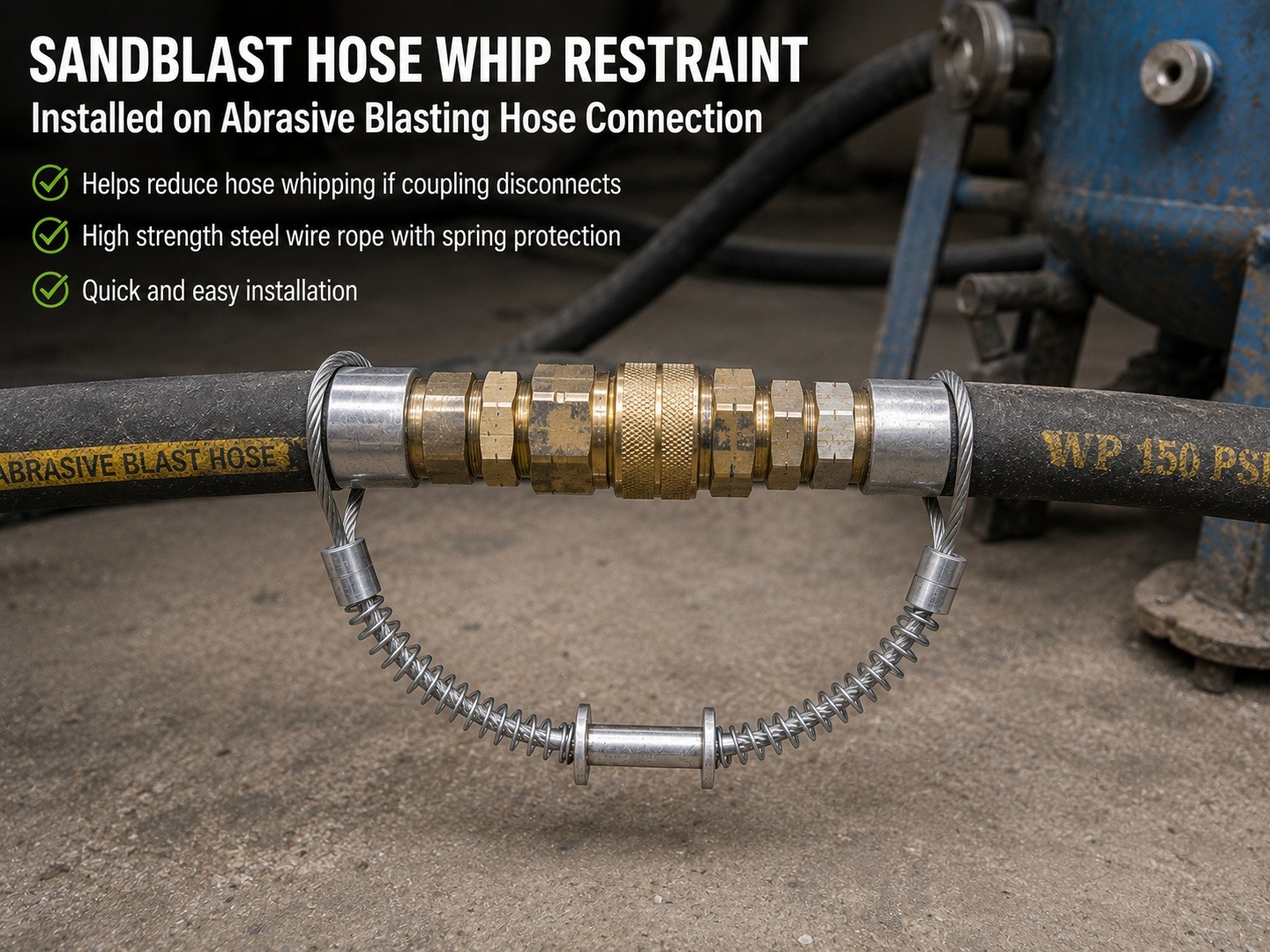 Sandblast hose whip restraint installed on abrasive blasting hose connection