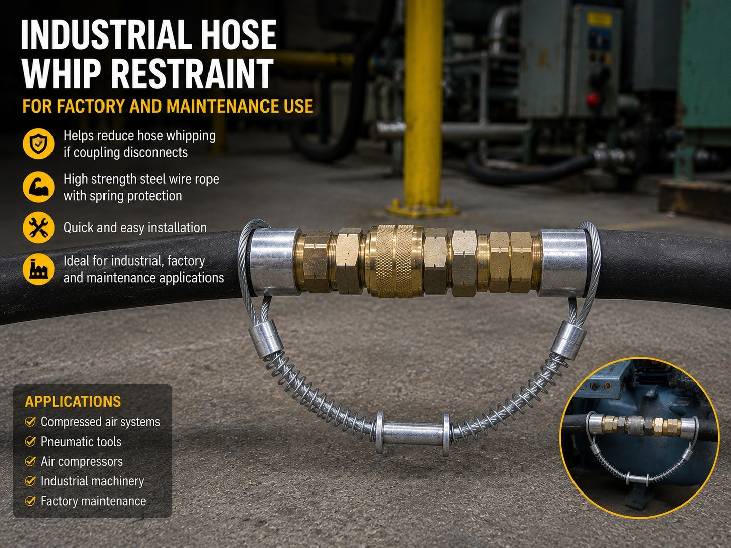 Industrial hose whip restraint for factory and maintenance use