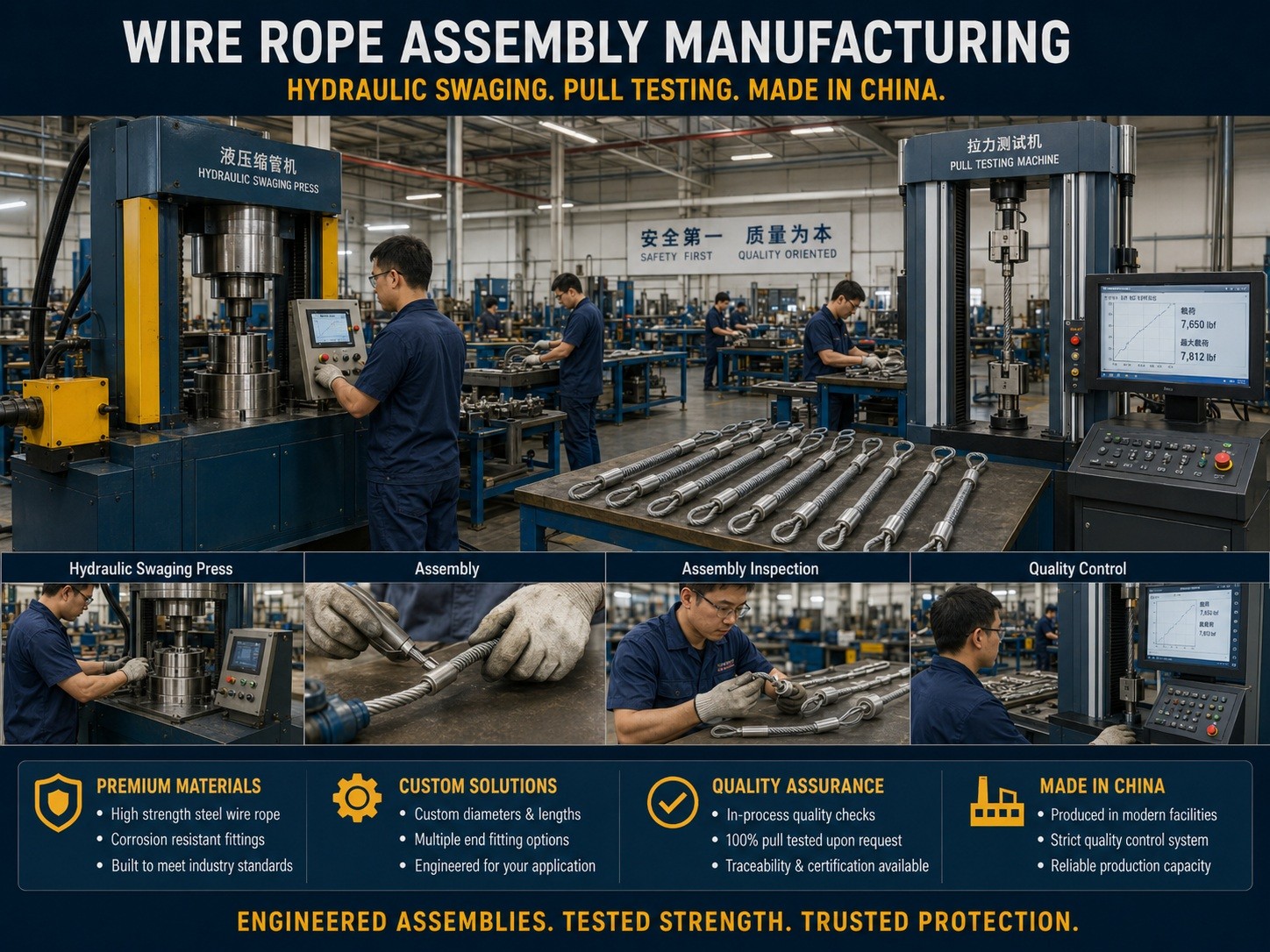 Wire rope assembly factory with hydraulic swaging press and pull testing machine