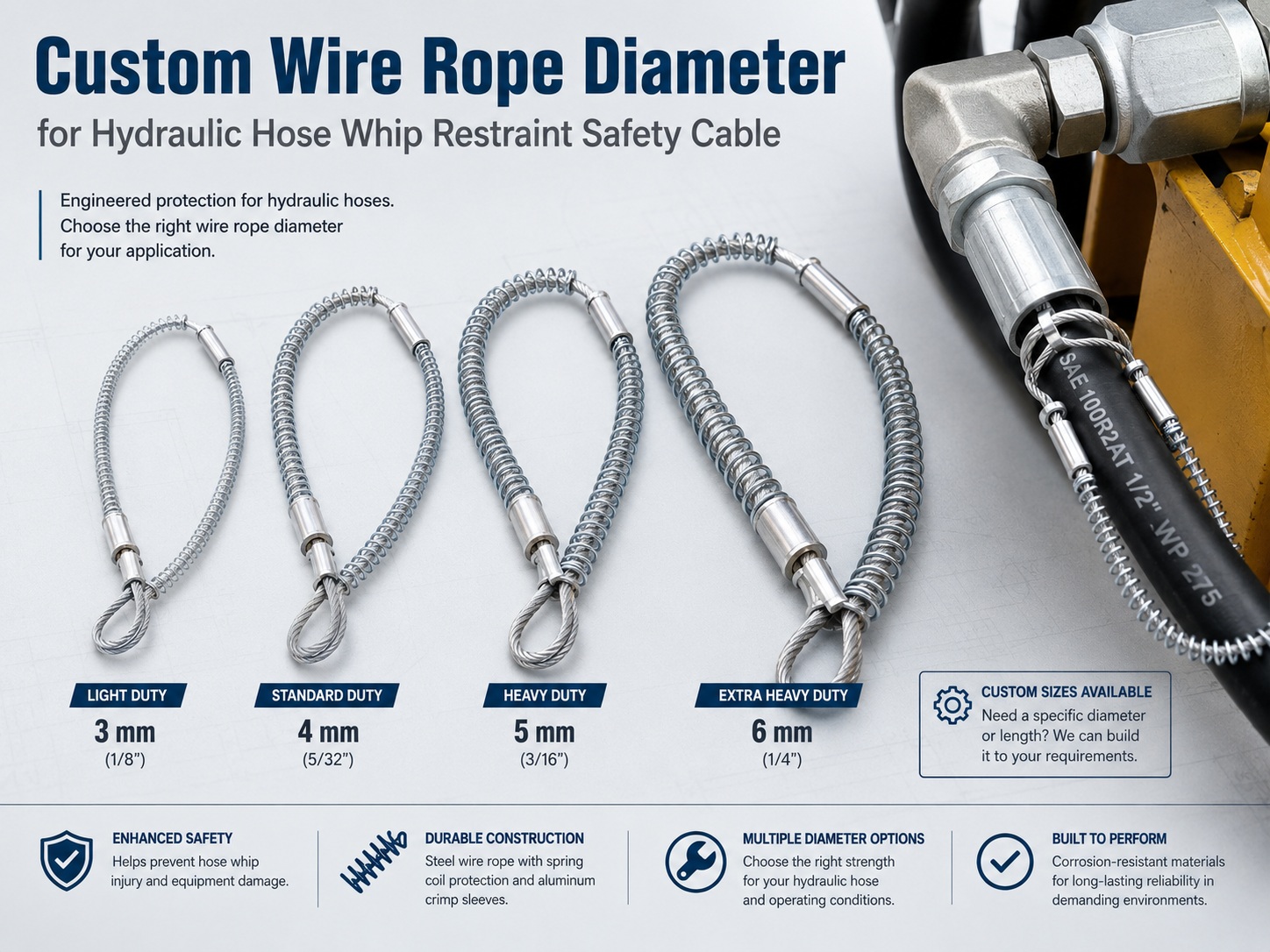 Custom wire rope diameter for hydraulische Schlauchpeitschhalterung safety cable