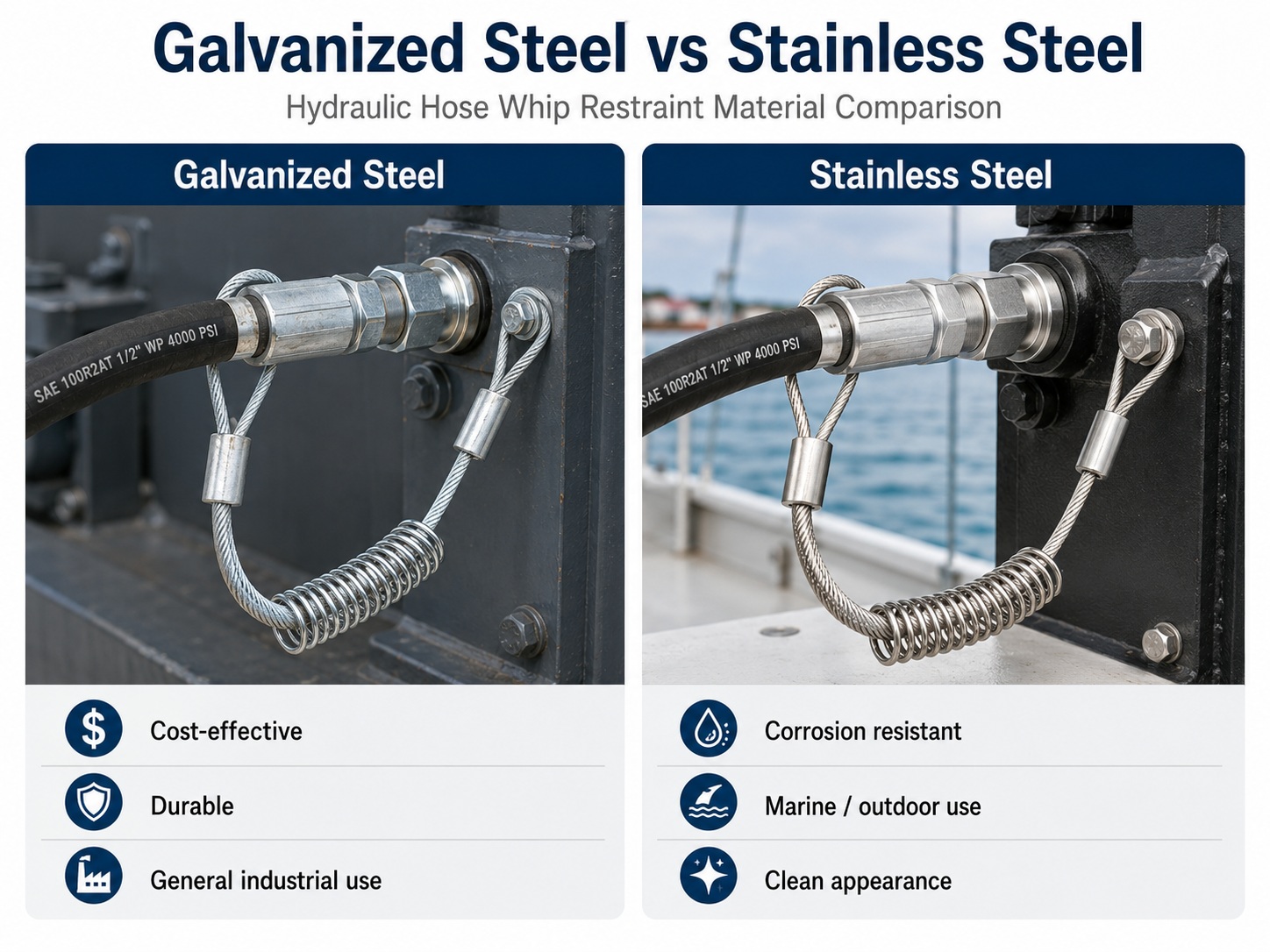 Galvanized steel and stainless steel hydraulische Schlauchpeitschhalterung material comparison