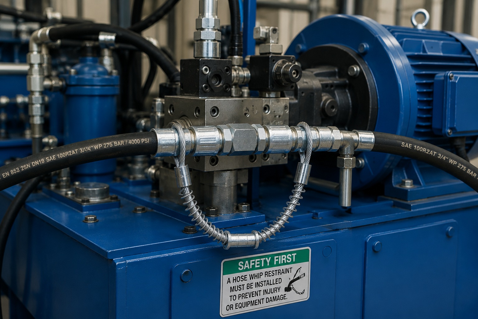 Hoch pressure hose restraint installed on industrial hydraulic power unit