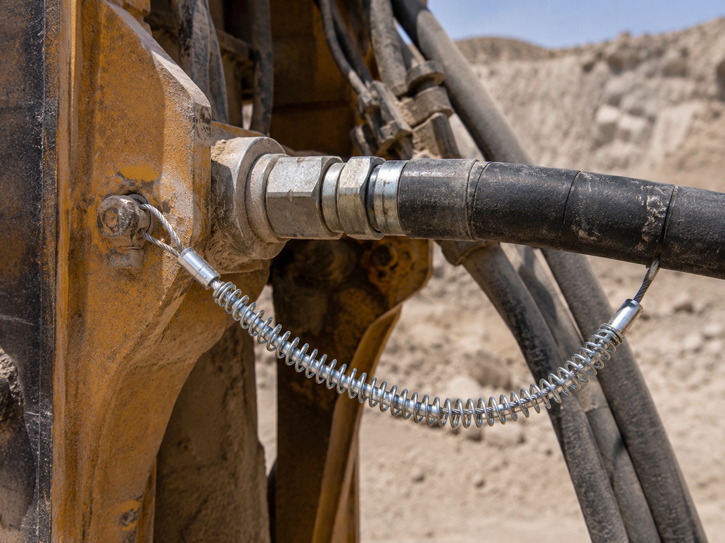 Mining hydraulische Schlauchpeitschhalterung installed on heavy equipment hose connection