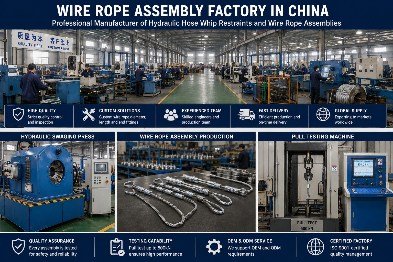 Wire rope assembly factory in China with hydraulic swaging press and pull testing machine